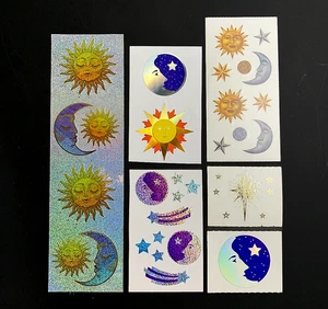 7 CELESTIAL ASTROLOGY STARS SOL LUNA pegatina vintage MOD brillo lámina prisma holo - Imagen 1 de 5