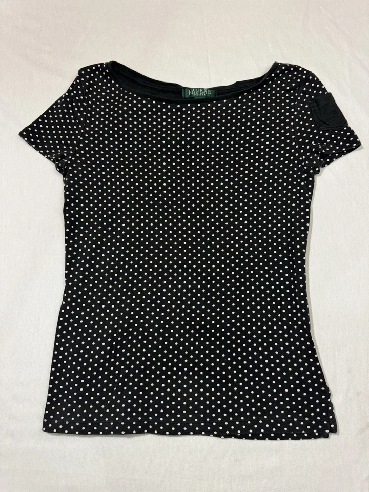 Lauren Ralph Lauren Petite Negro Blanco Lunares Manga Corta Pequeño Foto 1 de 4