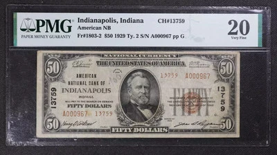 PMG VF20 Ch. 13759 1929 Ty. II $50 American National Bank of Indianapolis, IN * - Image 1 of 2