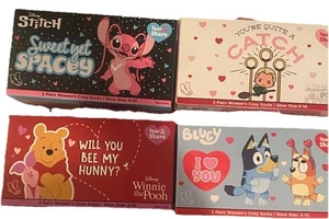 4x Women’s Cozy Crew Socks Boxes Stitch, Bluey, Harry Potter And Winnie The Pooh - Picture 1 of 6