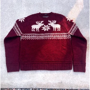 Maglione Abercrombie & Fitch lavorato a mano lana Lg renna fiocco di neve bordeaux Y2k - Foto 1 di 6