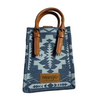 Mini Bolso de Mano Wrangler Southwestern Denim Geométrico Cuero Tostado Correas Rancho Y2k Foto 1 de 4