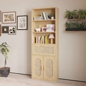 Rattan Bookshelf with Storage 3 Tier Open Shelf Bookcase with Drawer and Doors - Picture 1 of 15
