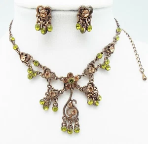 DESIGNER INSPIRED 18 in GREEN MULTI CRYSTAL BRONZE FLORAL DROP JEWELERY SET NEW - Picture 1 of 5