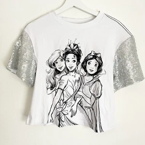 NWT Disney Parks Sketch Princesses White Crop Top Silver Sequin Short Sleeve XS - Picture 1 of 8