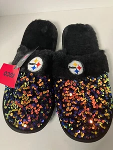 FOCO NFL Pittsburgh Steelers Black Sequins Women's Slippers Size XL 11-12 New - Picture 1 of 7