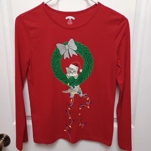 GIRL'S HOLIDAY TIME CHRISTMAS RED CAT LONG-SLEEVE SHIRT SIZE XL (14-16) - Picture 1 of 12