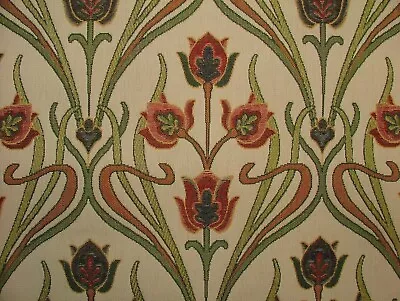 Art Nouveau Pugin Red Blue Gold Jacquard Curtain Upholstery Cushion Fabric - Image 1 of 4