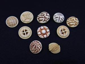Set of 10 Vintage Carved Cream And Brown Plastic Shank Buttons - Picture 1 of 19