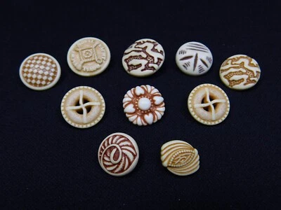 Set of 10 Vintage Carved Cream And Brown Plastic Shank Buttons - Image 1 of 4