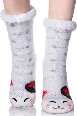 Mujeres Invierno Navidad Gato Grueso Zapatilla Calcetines con Agarres Antideslizantes Cálido Vellón Foto 1 de 4