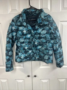 LAND’S END TÜRKIS BLUMENDRUCK REISSVERSCHLUSS/DRUCKKNOPF GEFÜTTERTE JACKE GRÖSSE SMALL, REPARIERT - Bild 1 von 5