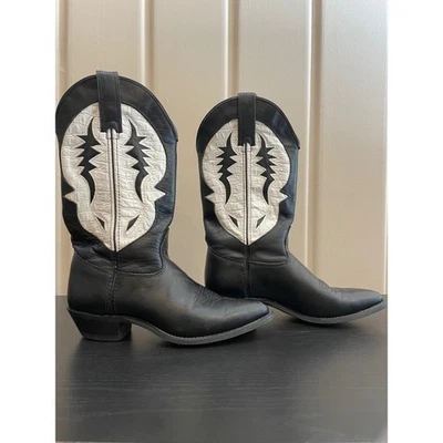 Botas vaqueras de cuero negras para mujer blancas costuras occidentales punta tacón Foto 1 de 4