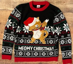 Children’s Meowy Ugly Christmas Holiday Sweater Black Red Cat 10-12 Large Kids - Picture 1 of 11