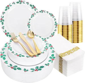 175 PCS Christmas Plates Set & Holly Berry Disposable Plates for Xmas Party - Picture 1 of 12