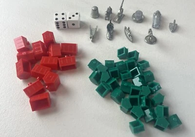 Lote de peças de jogo de tabuleiro monopólio fichas de metal dados casas hotéis plástico - Imagem 1 de 4