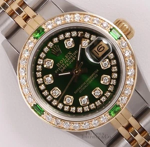 Rolex Lady Datejust Two Tone 18k-Green String Diamond Dial-Emerald Diamond Bezel - Picture 1 of 5