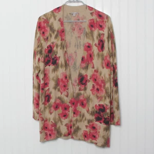 J Jill Poppy Floral Open Front Long Sleeve Cotton Blend Tunic Cardigan Sweater L - Picture 1 of 9