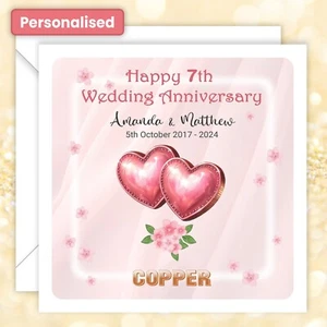 Tarjeta Personalizada 7º Cobre Aniversario Boda Marido Esposa Pareja Corazón Feliz - Imagen 1 de 8