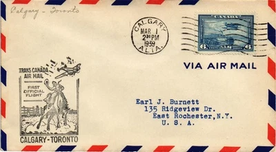 Estampillas Dr Jim Canadá correo aéreo cubierta Calgary Toronto 1939 primer vuelo oficial Foto 1 de 2