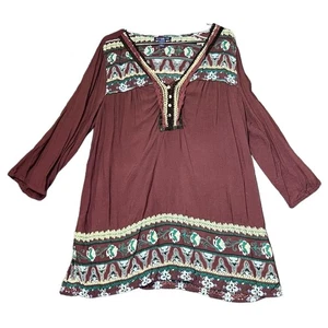 Bandolino Joelle Tunic Dress Womens Large Burgundy Embroidered Bohemian Peasant - Picture 1 of 14