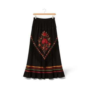 Vintage Sanu schwarz Boho Blumen bestickt Maxirock Fransen Saum, Volksfest, XL - Bild 1 von 12