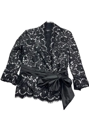 Tadashi Collection White Black Lace Beaded Sequin Blazer Satin Bow Tie Front 12 - Image 1 of 4