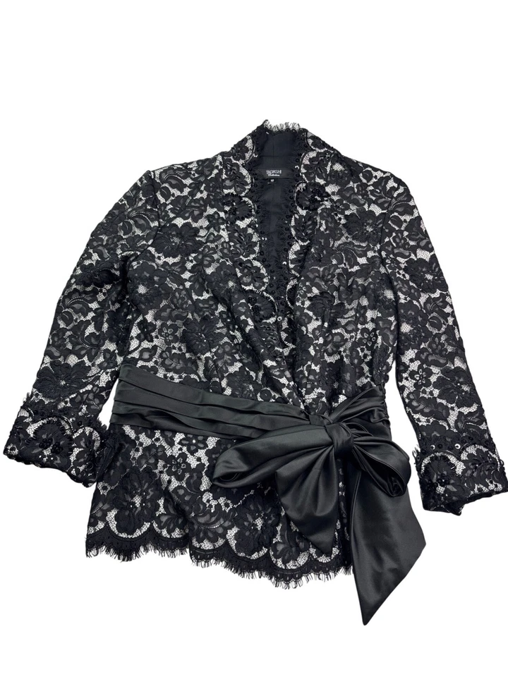 Tadashi Collection White Black Lace Beaded Sequin Blazer Satin Bow Tie Front 12 - Image 1 of 4