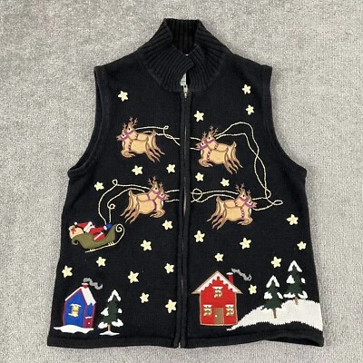 Vintage QUACKER FACTORY Sweater Vest Women Medium Black Reindeer Santa Christmas - Image 1 of 4