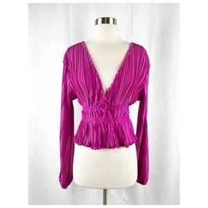 Watermelon Sugar Peplum Blouse Sz Medium Long Sleeve Fuchsia Crop V-neck Pleated - Picture 1 of 9