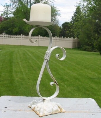 Vtg Cast Wrought Iron Metal White Patio Pillar Candle Holder Victorian Rust Chic - Image 1 of 4