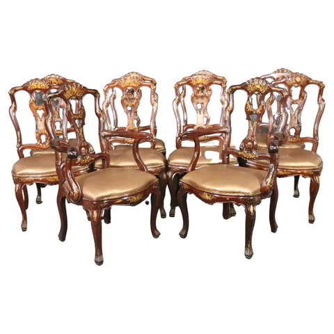 Set of 10 Chinoiserie Italian Rococo Style Bronze Leather Seats Dining Chairs Cover