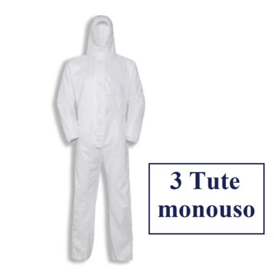 3 PZ TUTA TUTE MONOUSO USA E GETTA BIANCA LAVORO PROTETTIVA CAPPUCCIO CONF. 3 PZ - Immagine 1 di 2