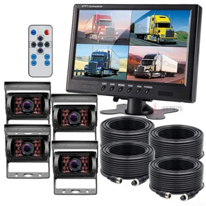 9" QUAD SPLIT SCREEN MONITOR REAR BACK UP CAMERA SYSTEM FOR BUS TRUCK RV 12-24V - Picture 1 of 15