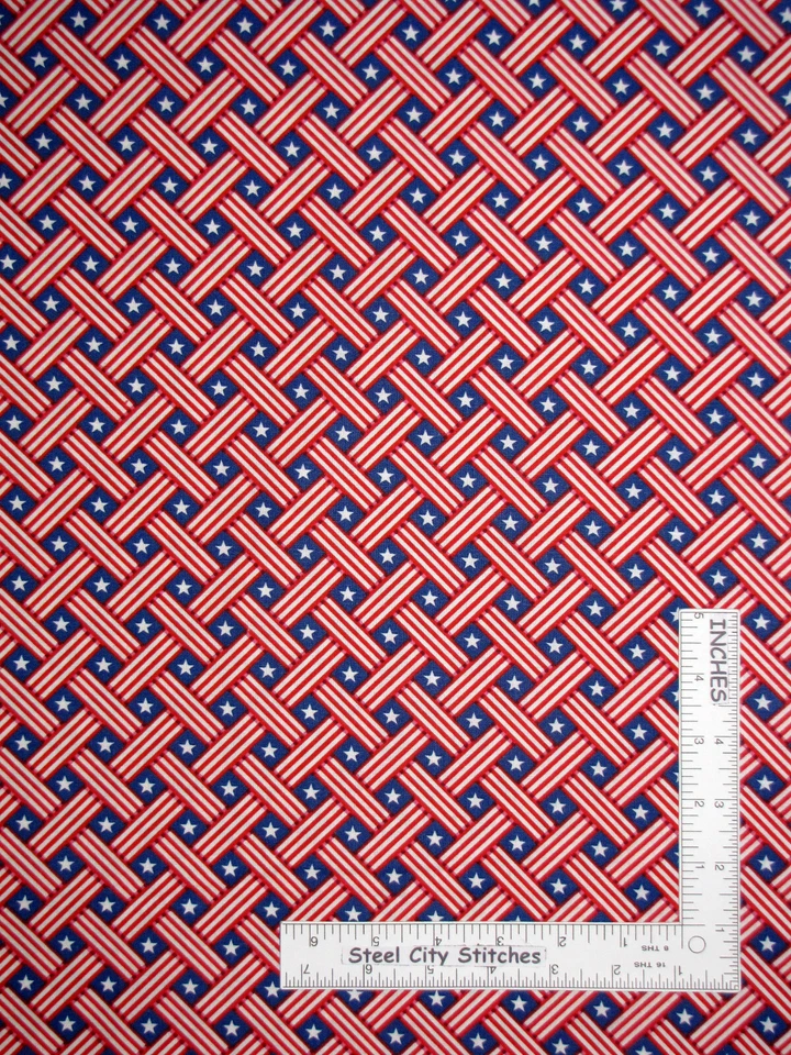 Tela patriótica roja blanca a rayas entrecruzadas y estrellas de algodón Santee por yarda Foto 1 de 1