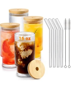 Glass Cups with Lids and Straws 4Pcs Set, 16oz Drinking Glasses Set, Iced Coffee - Picture 1 of 9