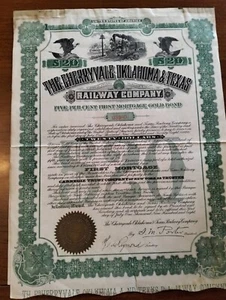 1908 THE CERRYVALE OKLAHOMA & TEXAS RAILWAY COMPANY 1° MORTGAGE GOLD BOND 5% - Picture 1 of 1