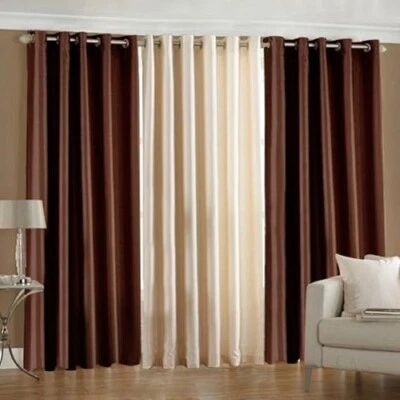 Polyester Plain Solid Long Crush Curtains for Window 5ft- Set of 3, Brown, Cream - Image 1 of 2