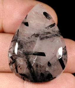 51 CT NATURAL TRANSLUCENT BLACK RUTILATED PEAR CABOCHON PENDANT GEMSTONE EW-635 - Picture 1 of 5