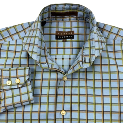 Camisa Robert Talbott L Cuadros Algodón Azul Verde Amarillo Manga Larga Hecha en Turquía Foto 1 de 4