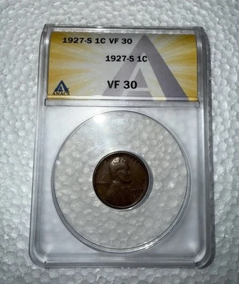 1927-S Lincoln Wheat Cent Anacs Graded VF 30 - Image 1 of 4