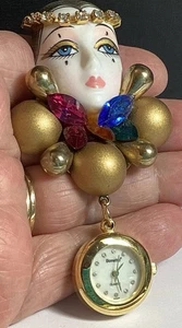 VINTAGE BISQUE LADY STRASS BROSCHE MIT BAUMELN BONETTO QUARZUHR SCHÖN - Bild 1 von 12