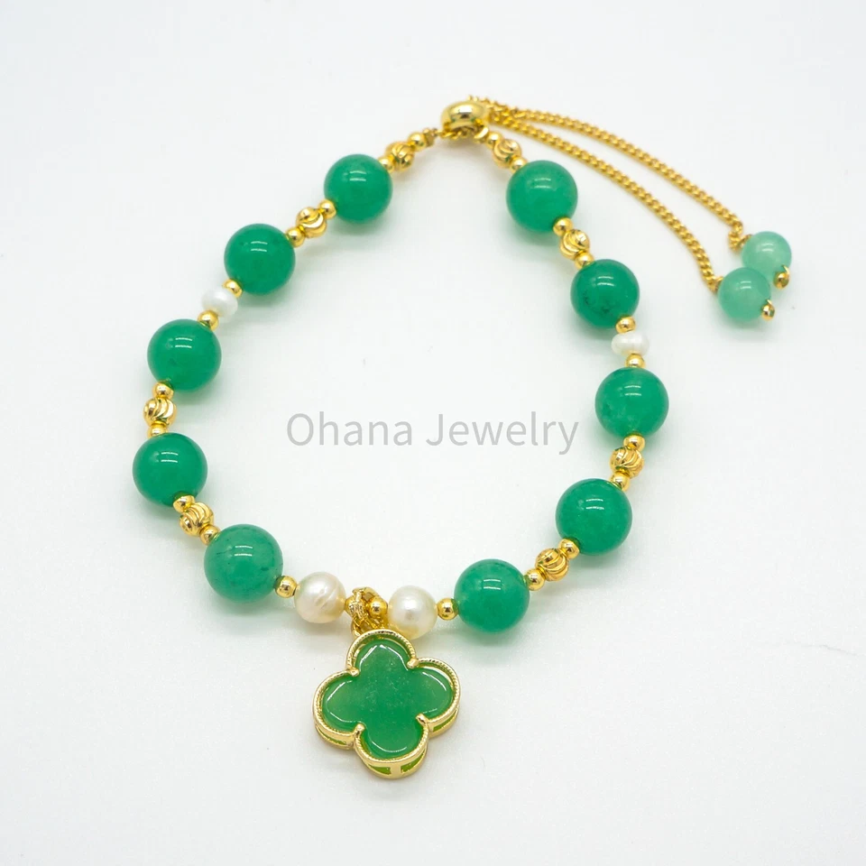 Brazalete de cobre ajustable con perlas de agua dulce de jade verde natural - Trébol de 4 hojas Foto 1 de 1