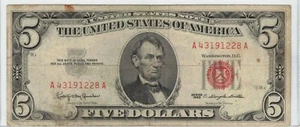 1963 Five Dollar Bill Red Seal In Holder {Circulated} - Picture 1 of 2