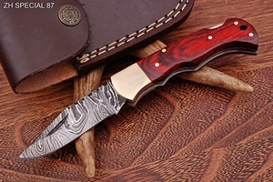 7" Hand Crafted Damascus Steel Folding/ Pocket Knife/blade W/Sheath/case ZH 87 - Picture 1 of 5