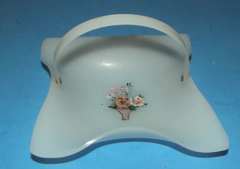 Basket Trinket Bowl Tray Lucite White with Handle Hand Made Painted Flowers 5" Cover