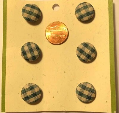 Set of 6 MIDORI Fabric Covered Domed Shank Buttons Green Beige 5/8" 15.5mm 9936 - Image 1 of 2