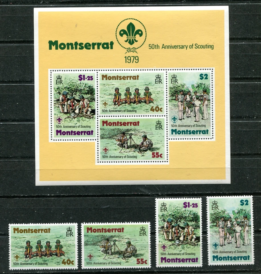 MONTSERRAT 1979, SCOUTS: 50TH ANNIV. OF SCOUTING, Scott 397-400, 400a. MNH - Image 1 of 1