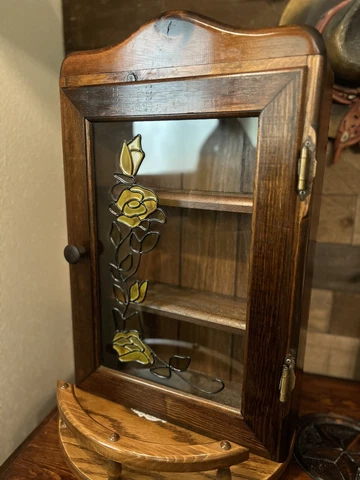 Vintage Mid-Century Wood Curio/Medicine Cabinet With Yellow Floral Stained Glass Cover