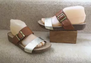 Hotter Tan & Gold Leather Two Strap Mules Low Wedge Size UK 5 (38) - Picture 1 of 7